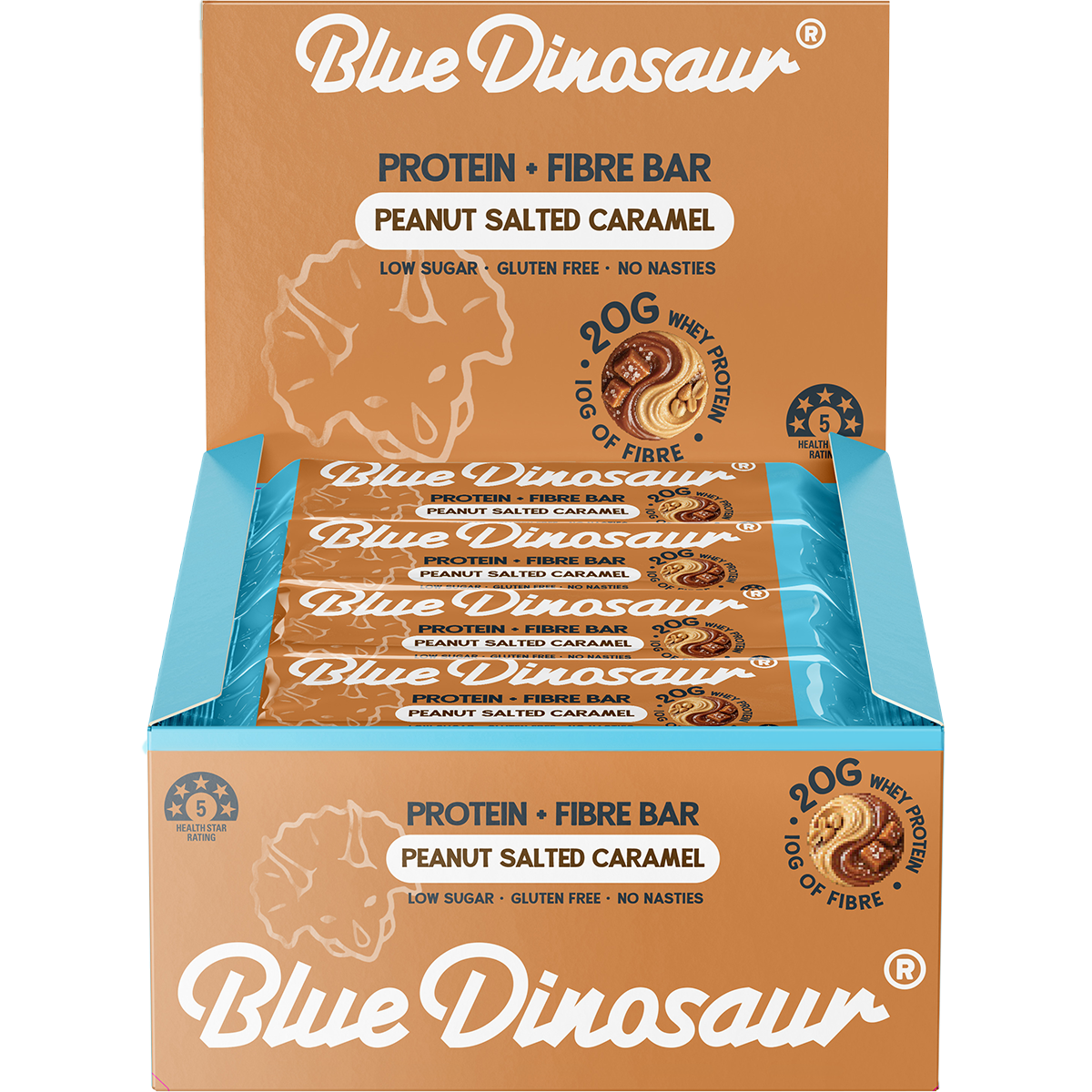 Blue Dinosaur Protein + Fibre Bar Peanut Salted Caramel 12x50g