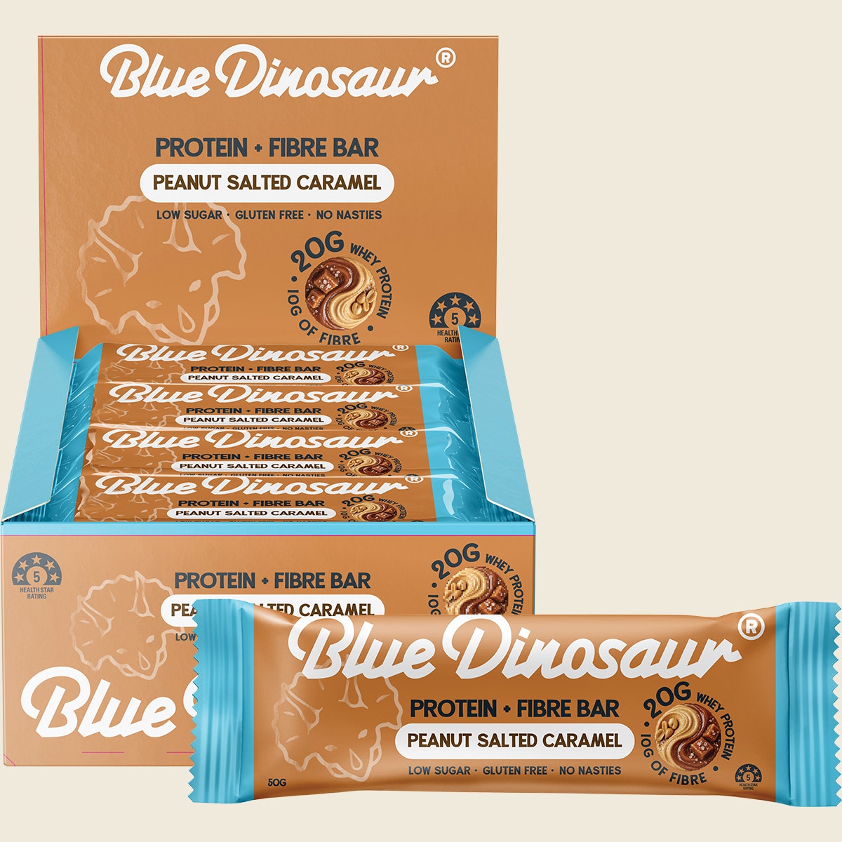 Blue Dinosaur Protein + Fibre Bar Peanut Salted Caramel 12x50g