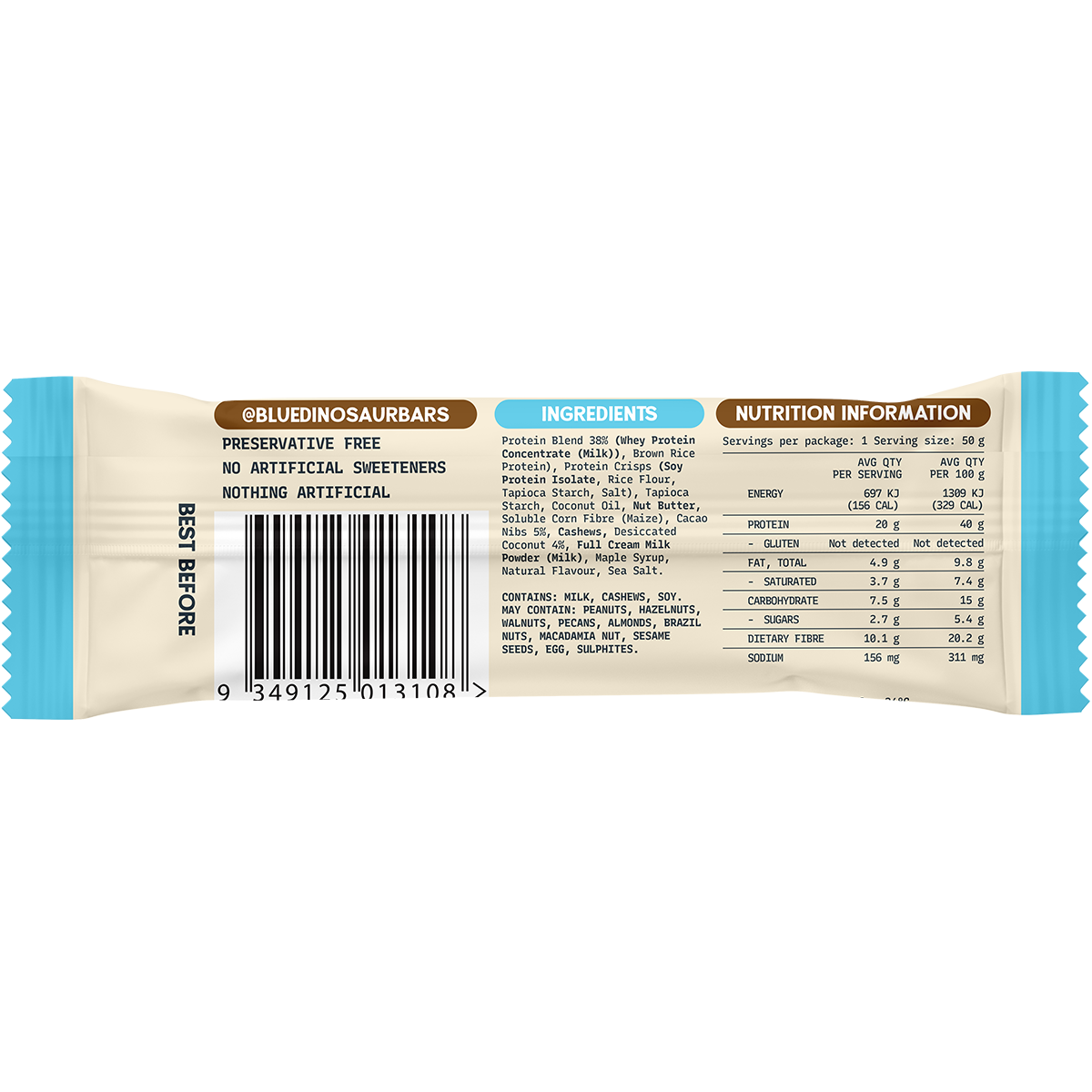 Blue Dinosaur Protein + Fibre Bar Coconut Choc Chip 12x50g