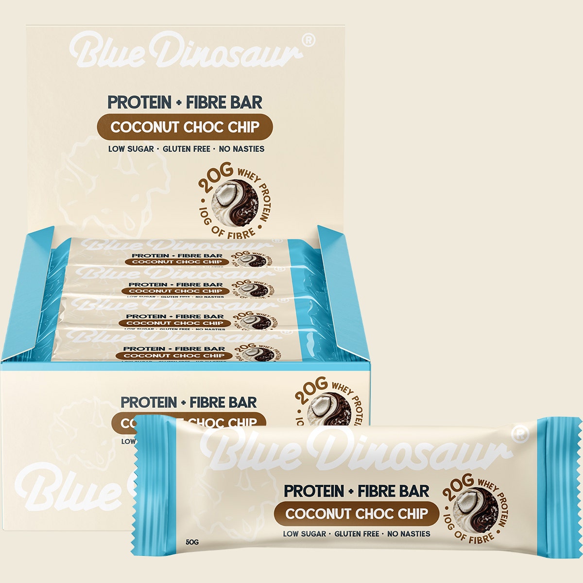 Blue Dinosaur Protein + Fibre Bar Coconut Choc Chip 12x50g