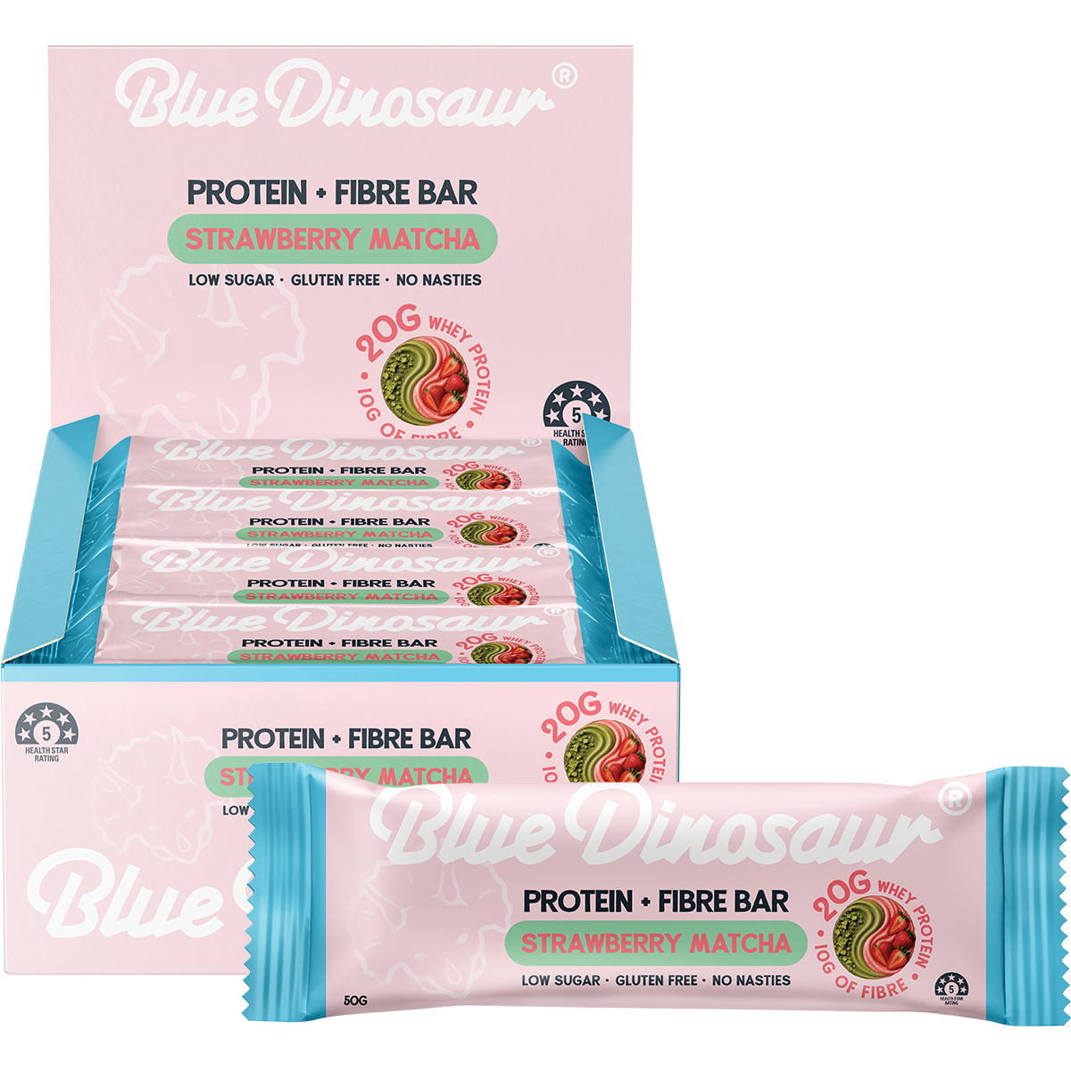 Blue Dinosaur Protein + Fibre Bar Strawberry Matcha 12x50g