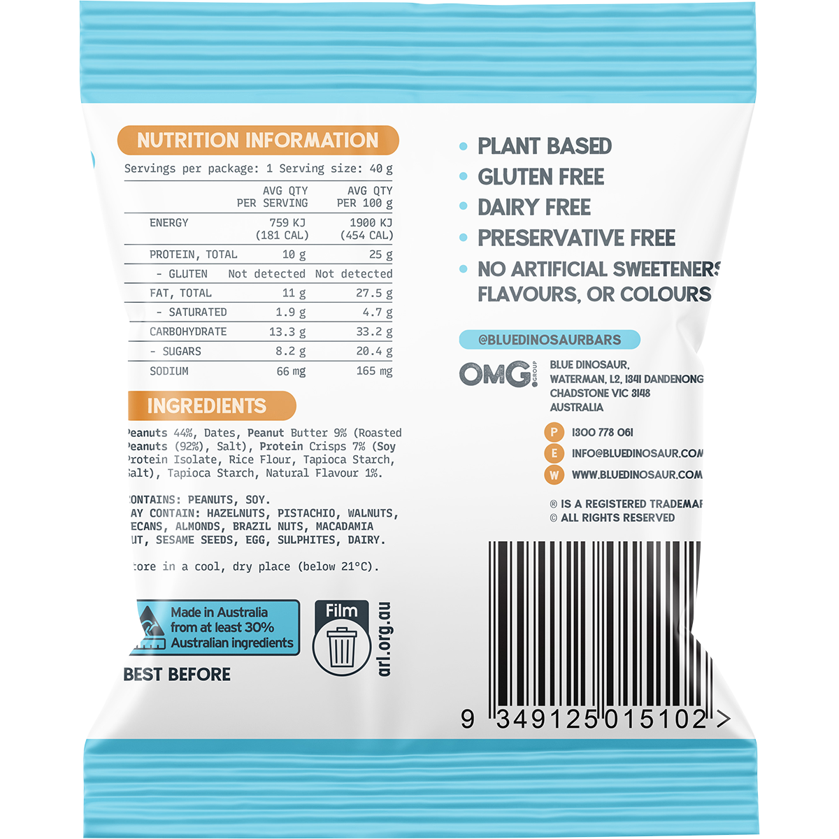 Blue Dinosaur Peanut Butter Protein Ball 40g Pack of 12