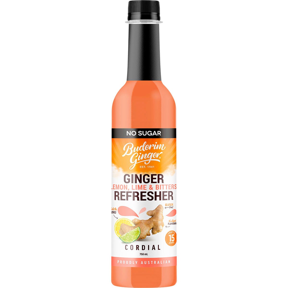 Buderim Ginger Ginger Lemon, Lime & Bitter Refresher Cordial No Sugar 750ml - Cutprice Online