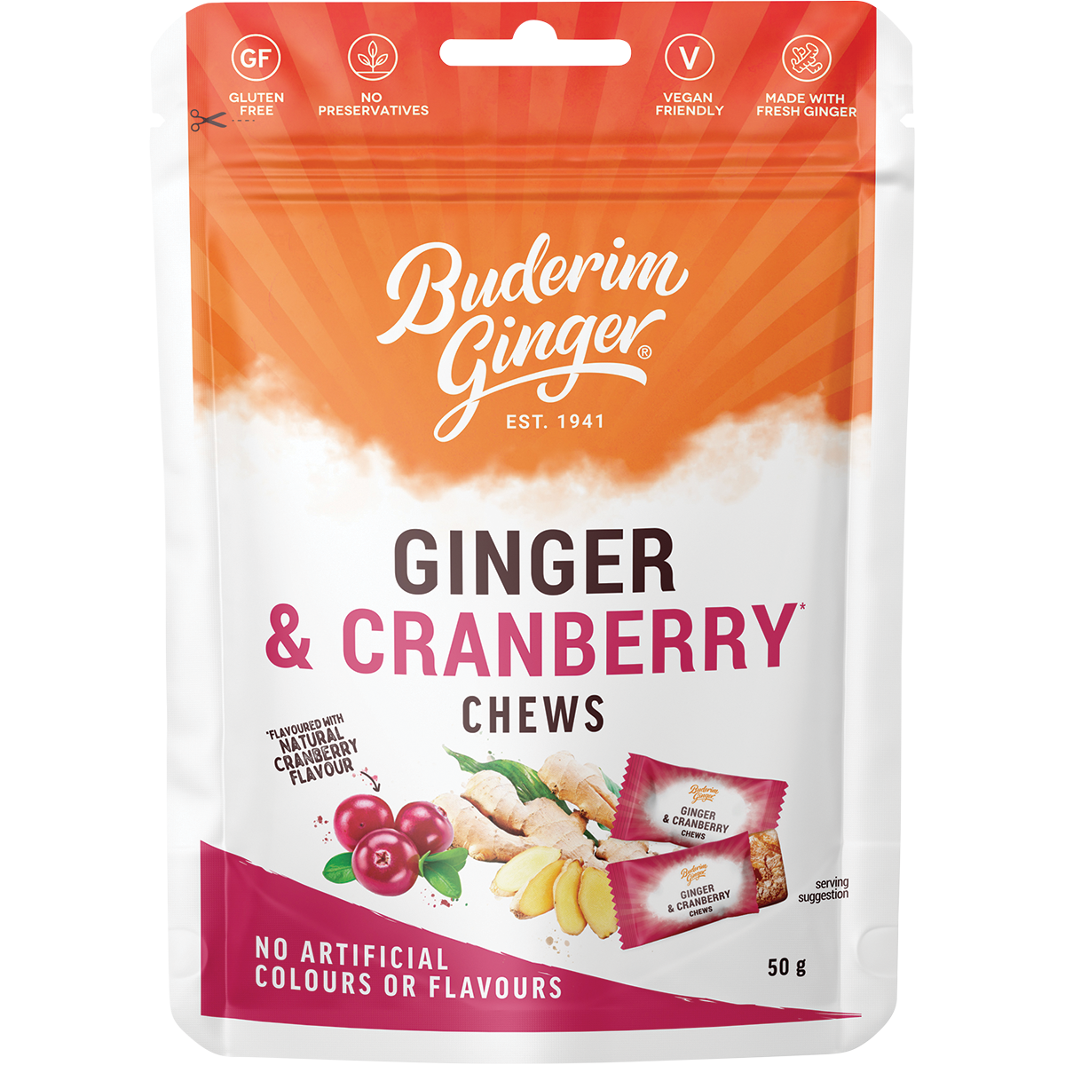 Buderim Ginger Ginger & Cranberry Chews 50g x 12 Pack