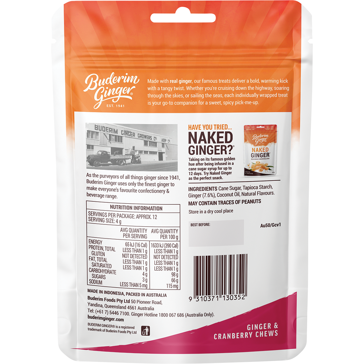Buderim Ginger Ginger & Cranberry Chews 50g x 12 Pack