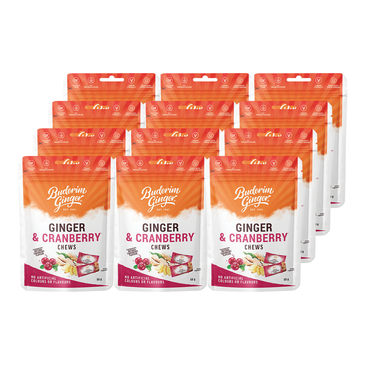 Buderim Ginger Ginger & Cranberry Chews 50g x 12 Pack