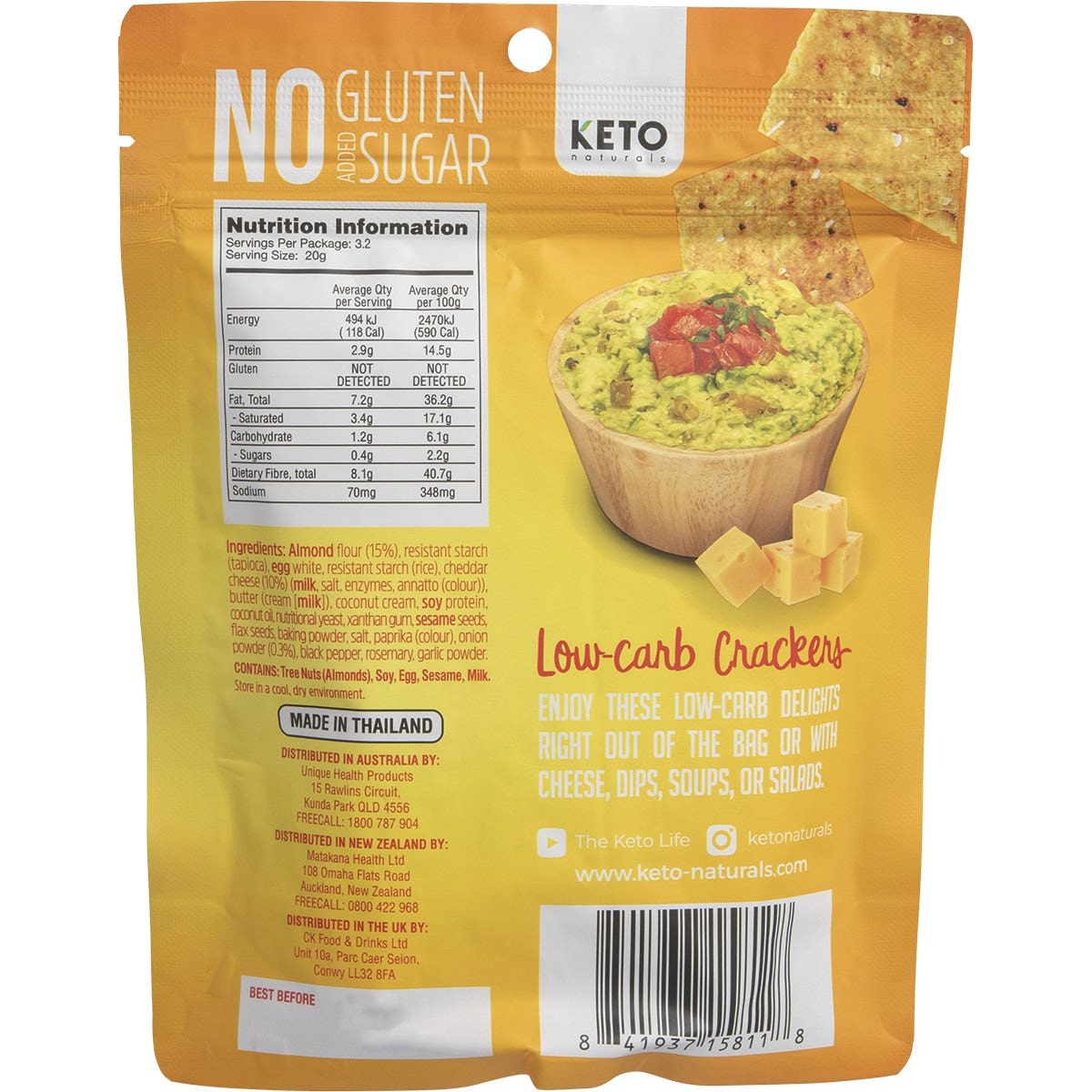 Keto Naturals Almond Flour Crackers Cheddar & Onion 8x64g KETO NATURALS