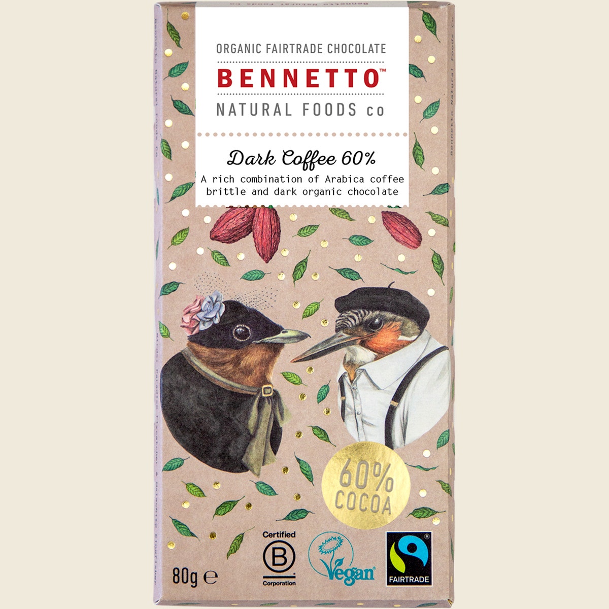Bennetto Organic Dark Chocolate 60% Dark Coffee 12x80g