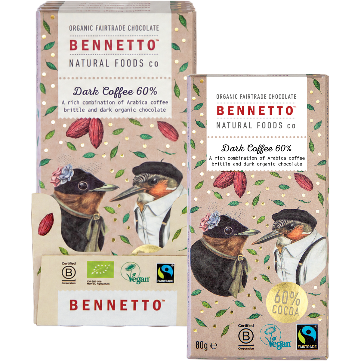 Bennetto Organic Dark Chocolate 60% Dark Coffee 80g x 12 Pack
