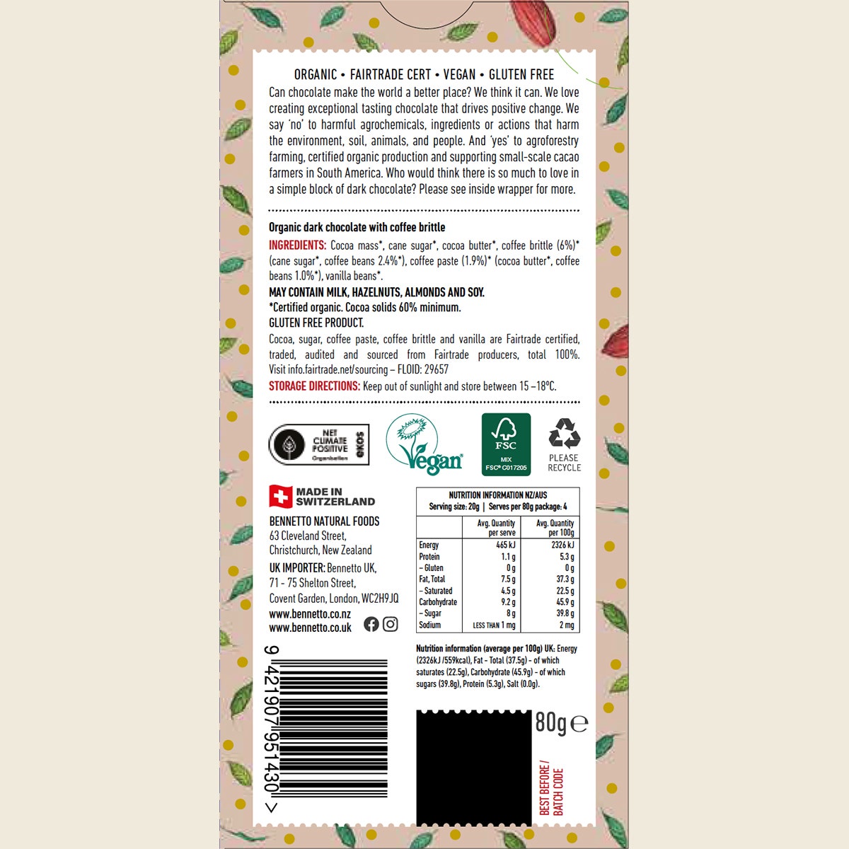Bennetto Organic Dark Chocolate 60% Dark Coffee 12x80g