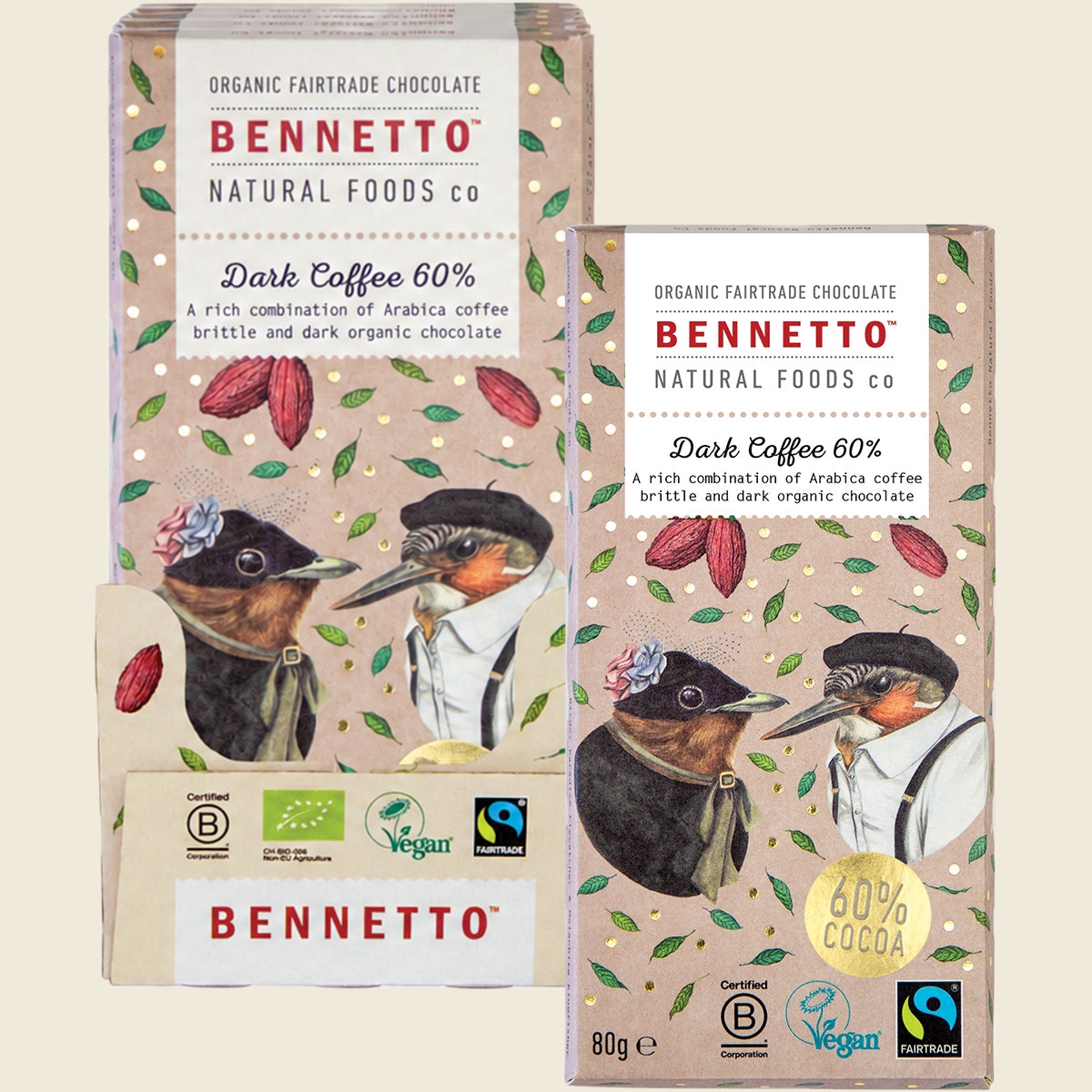 Bennetto Organic Dark Chocolate 60% Dark Coffee 12x80g