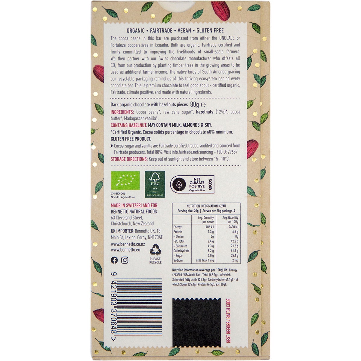 Bennetto Organic Dark Chocolate Toasted Hazelnut 12x80g - Cutprice Online