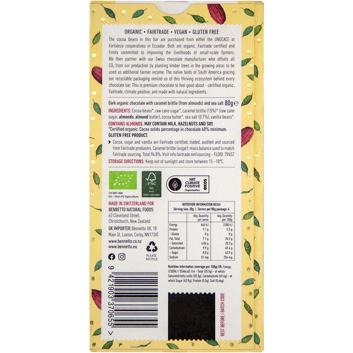 Bennetto Organic Dark Chocolate Dark Salted Caramel 12x80g - Cutprice Online