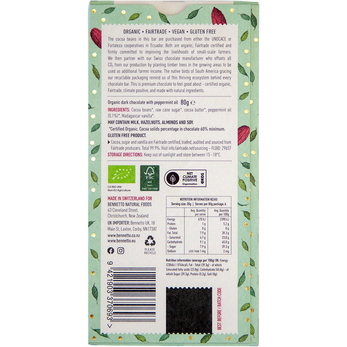 Bennetto Organic Dark Chocolate Dark Mint 12x80g - Cutprice Online
