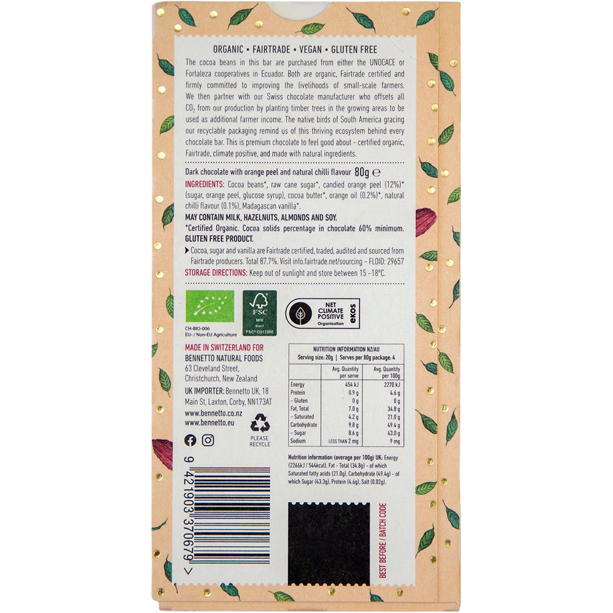 Bennetto Organic Dark Chocolate Orange With Chilli 12x80g - Cutprice Online