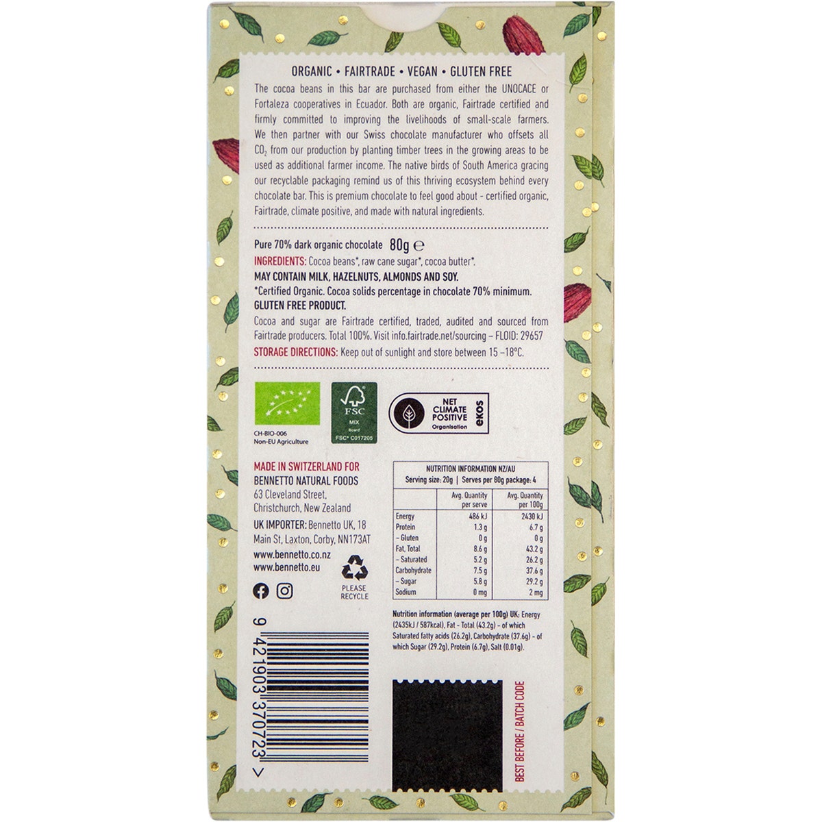 BENNETTO Organic Dark Chocolate 70% Organic Dark 12x80g