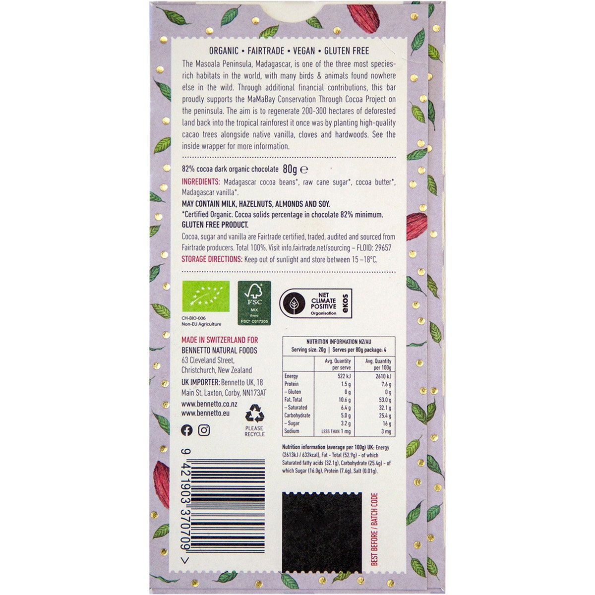 Bennetto Organic Dark Chocolate 82% Super Dark 12x80g - Cutprice Online