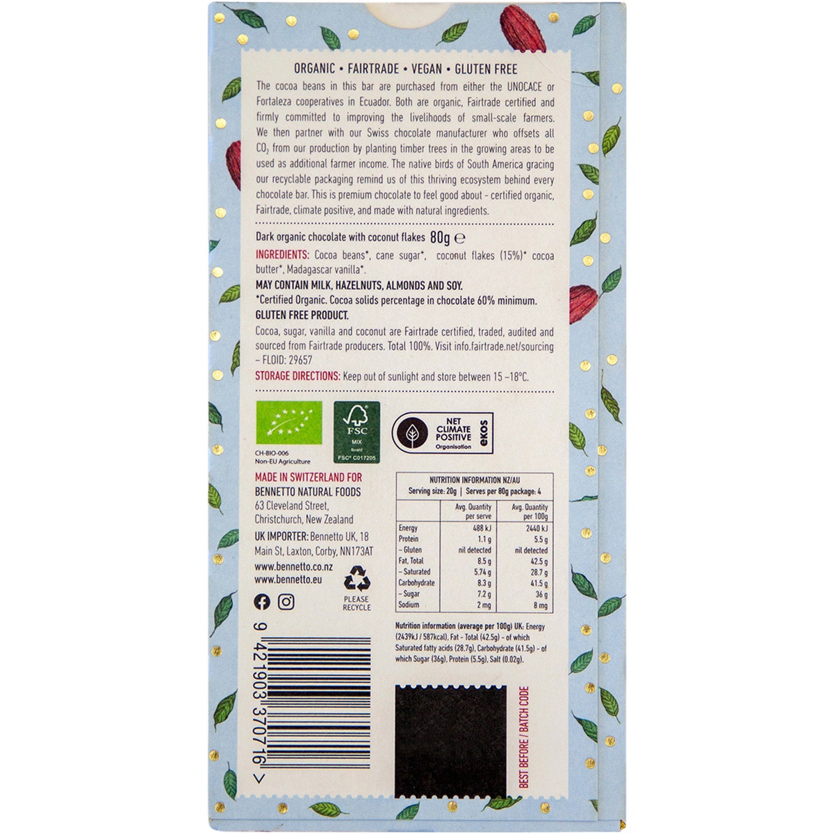 Bennetto Organic Dark Chocolate Coconut Flakes 12x80g - Cutprice Online