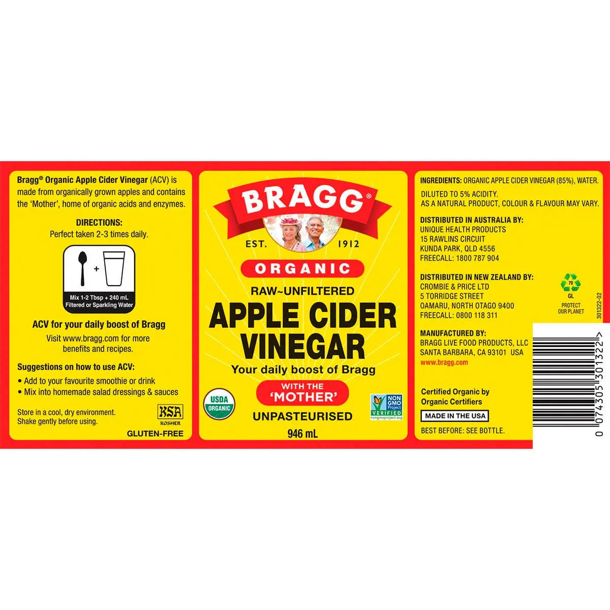 Bragg Apple Cider Vinegar Unfiltered & Contains the Mother 946ml BRAGG