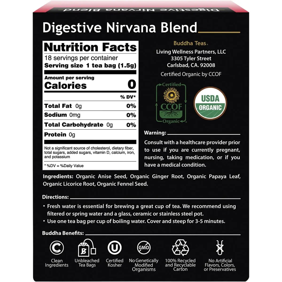BUDDHA TEAS Organic Herbal Tea Bags Digestive Nirvana Blend 18 BUDDHA TEAS