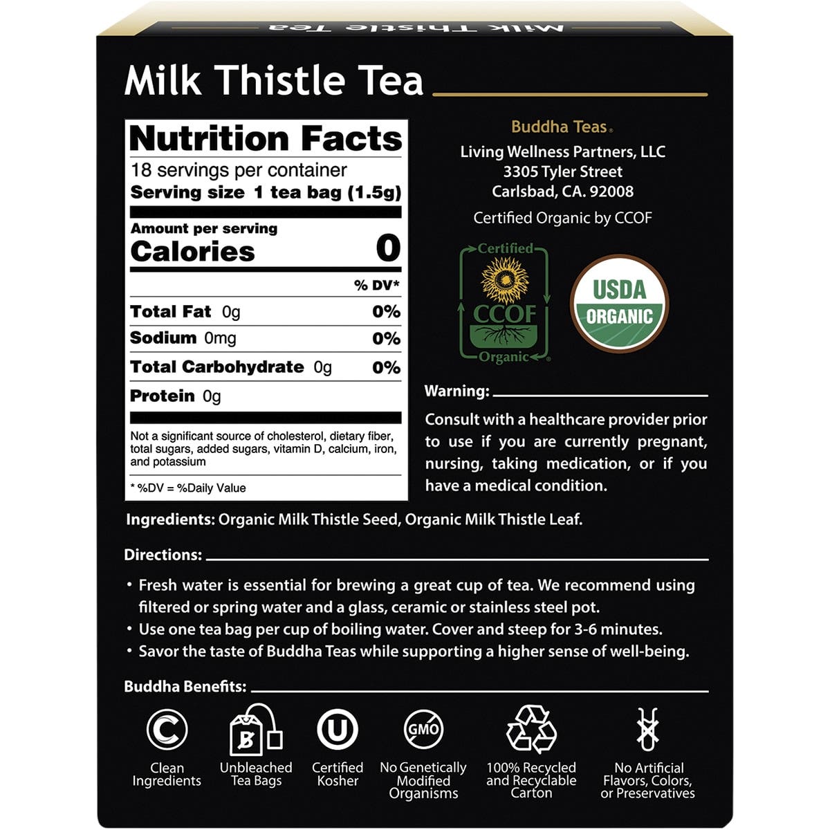 Buddha Teas Organic Herbal Tea Bags Milk Thistle Tea 18 BUDDHA TEAS