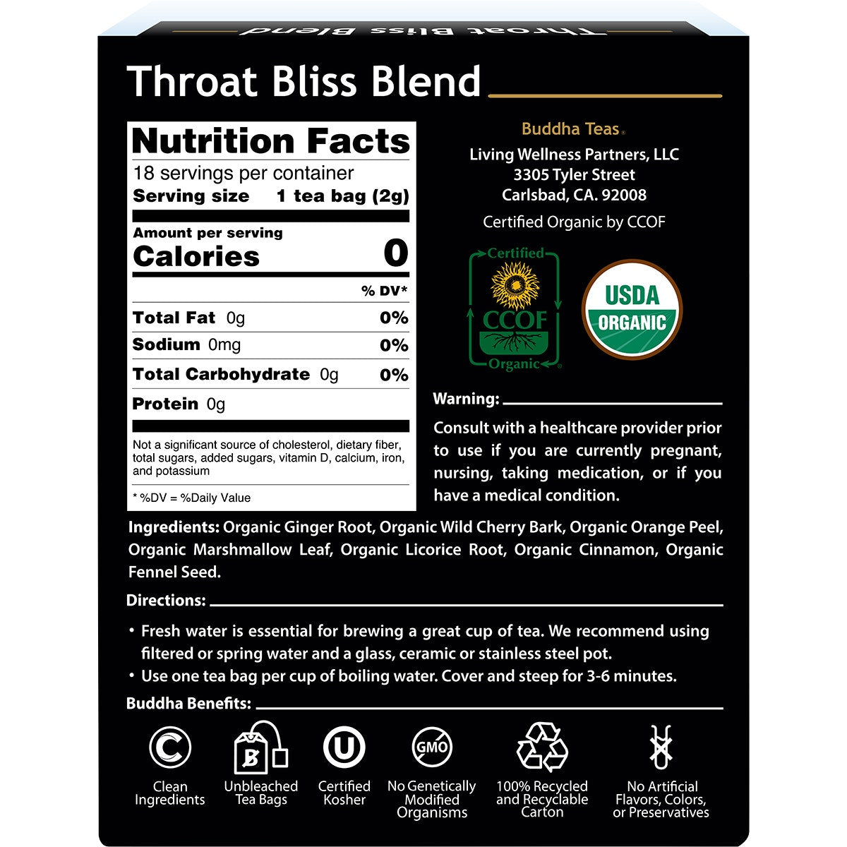 BUDDHA TEAS Organic Herbal Tea Bags Throat Bliss Blend 18pk - Cutprice Online