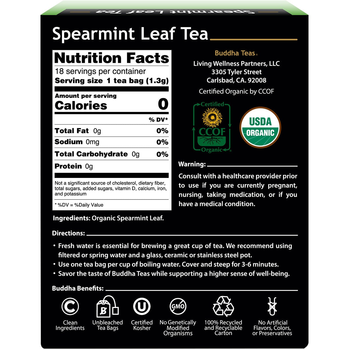 BUDDHA TEAS Organic Herbal Tea Bags Spearmint Leaf Tea 18pk - Cutprice Online