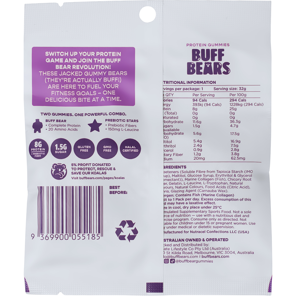 Buff Bears Protein Gummies Grape 32g x 12 Pack