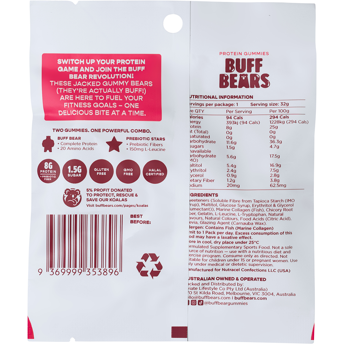 Buff Bears Protein Gummies Pink Lemonade 32g x 12 Pack