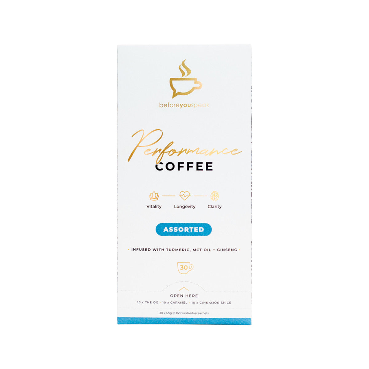Before You Speak Performance Coffee Assorted 4.5g X 30 Pack (Contains: 10 X OG, Caramel & Cinnamon Spice) - Cutprice Online