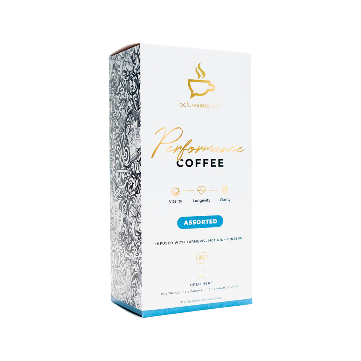Before You Speak Performance Coffee Assorted 4.5g X 30 Pack (Contains: 10 X OG, Caramel & Cinnamon Spice) - Cutprice Online
