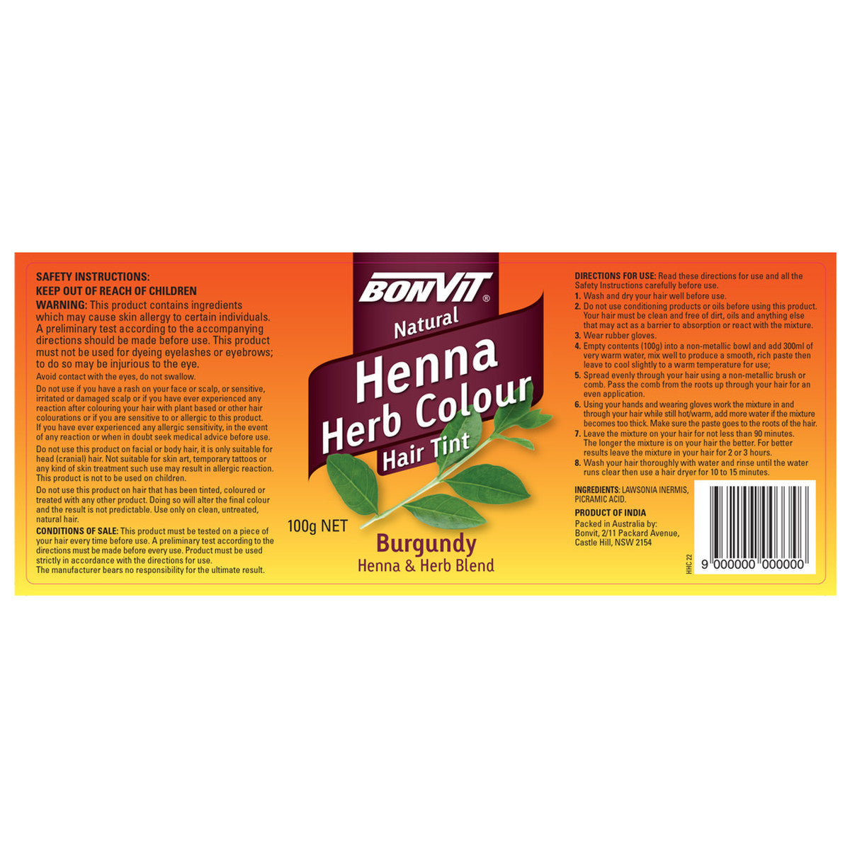 Bonvit Natural Hair Tint Henna Herb Colour (Henna & Herb Blend) Burgundy 100g - Cutprice Online