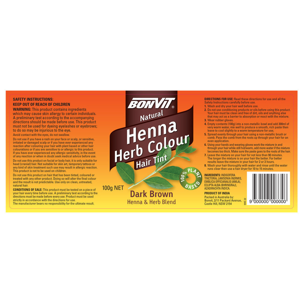 Bonvit Natural Hair Tint Henna Herb Colour (Henna & Herb Blend) Dark Brown 100g - Cutprice Online