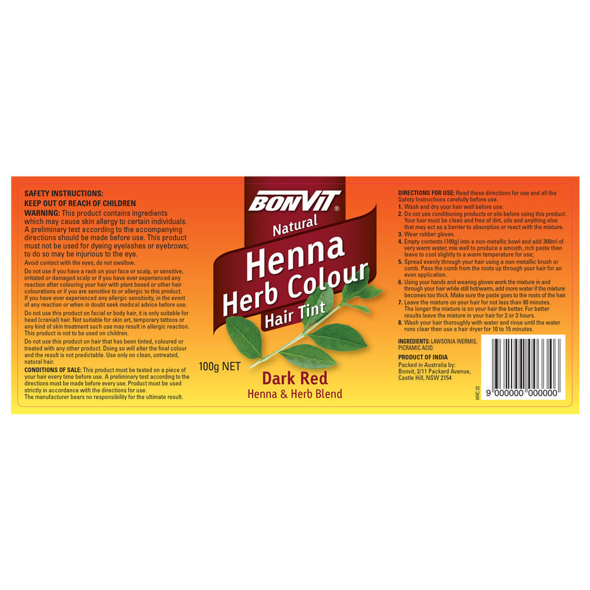 Bonvit Natural Hair Tint Henna Herb Colour (Henna & Herb Blend) Dark Red 100g - Cutprice Online