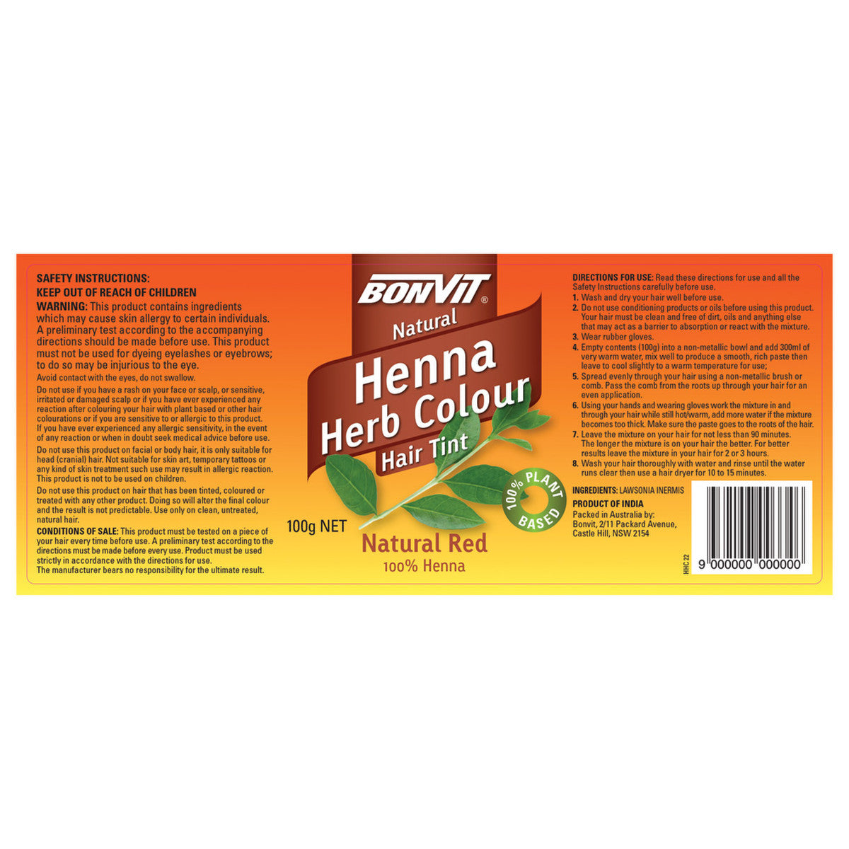 Bonvit Natural Hair Tint Henna Herb Colour (100% Henna) Natural Red 100g - Cutprice Online