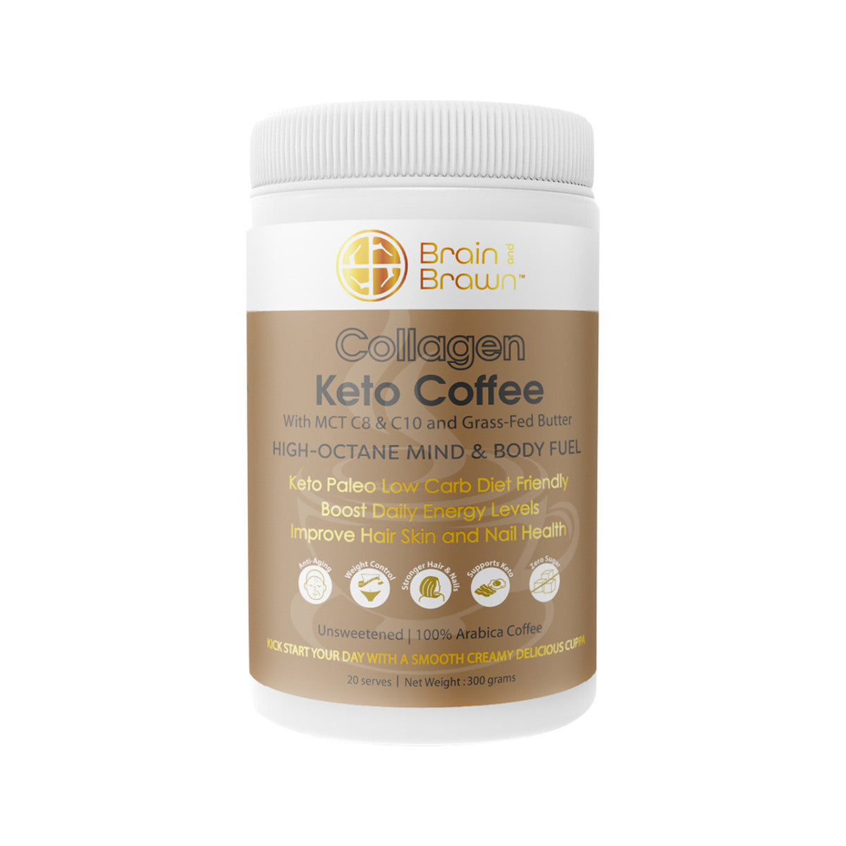 Brain and Brawn Collagen Keto Coffee (With MCT C8 & C10 and Grass-fed Butter) Unsweetened 300g BRAIN AND BRAWN