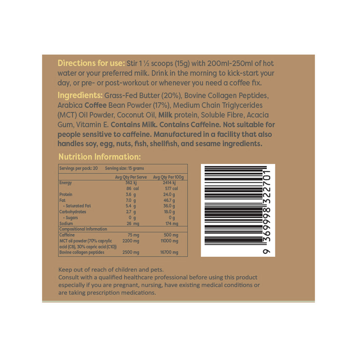 Brain and Brawn Collagen Keto Coffee (With MCT C8 & C10 and Grass-fed Butter) Unsweetened 300g BRAIN AND BRAWN