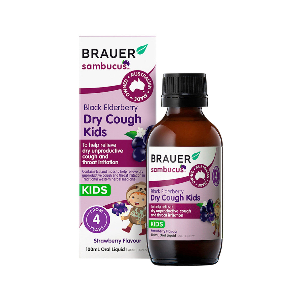 Brauer Sambucus Black Elderberry Kids Dry Cough Strawberry Flavour Oral Liquid 100ml - Cutprice Online