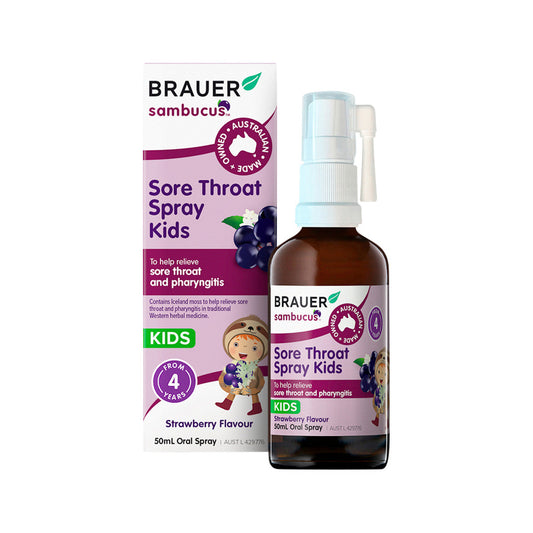 Brauer Sambucus Kids Sore Throat Spray Strawberry Flavour Oral Spray 50ml - Cutprice Online