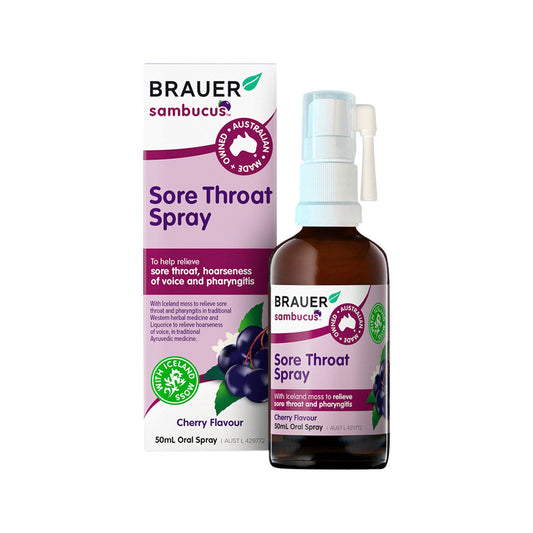 Brauer Sambucus Sore Throat Spray Cherry Flavour Oral Spray 50ml - Cutprice Online