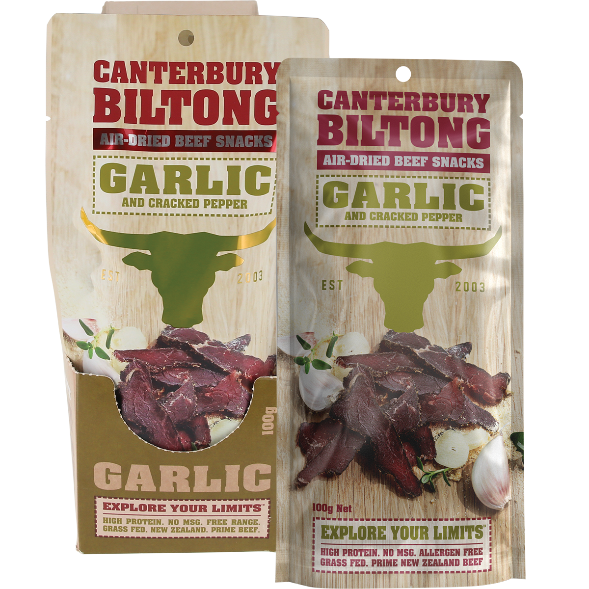 Canterbury Biltong Grass Fed Garlic & Cracked Pepper 10x100g
