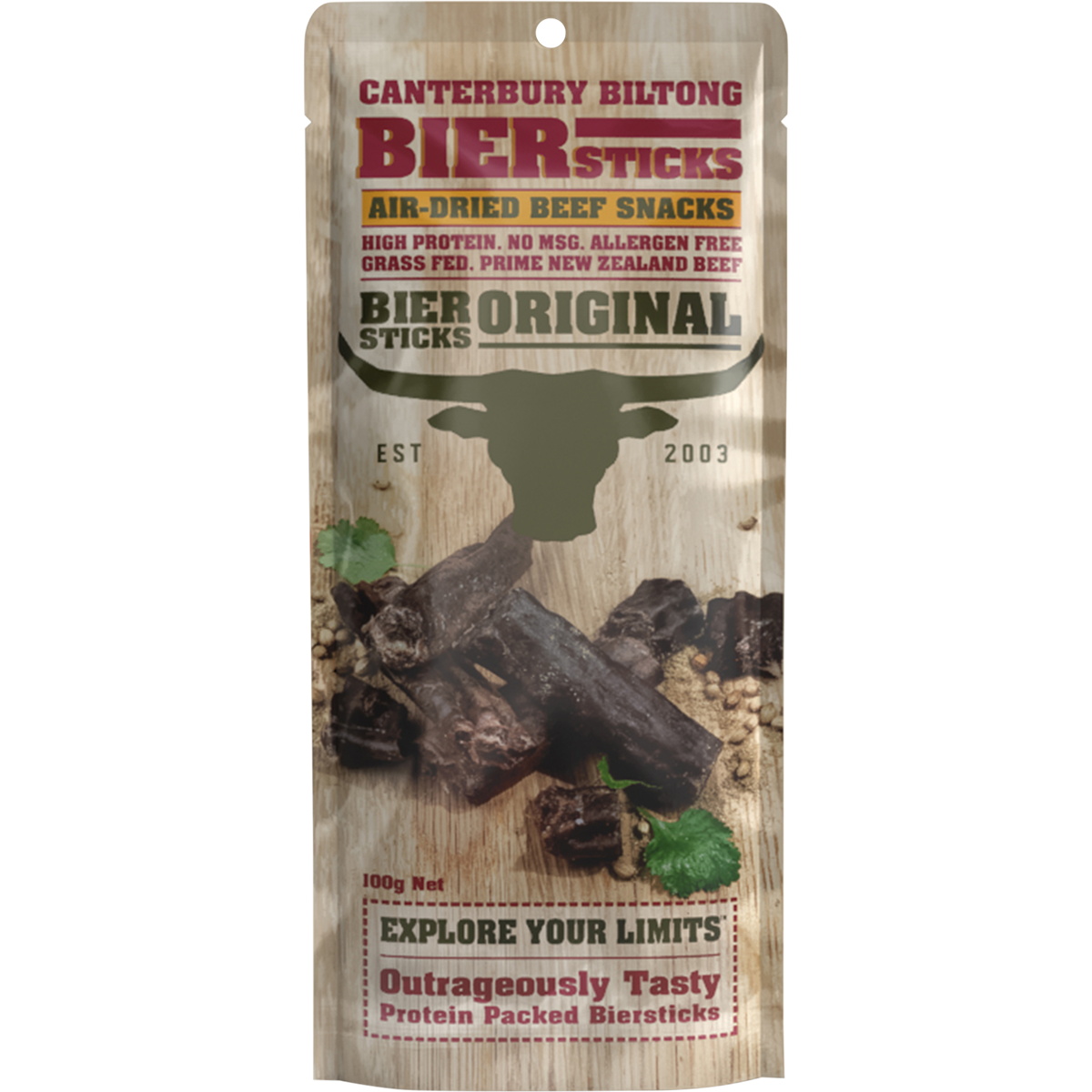 Canterbury Biltong Grass Fed Biersticks Meat Stick 4pk Original 10x100g