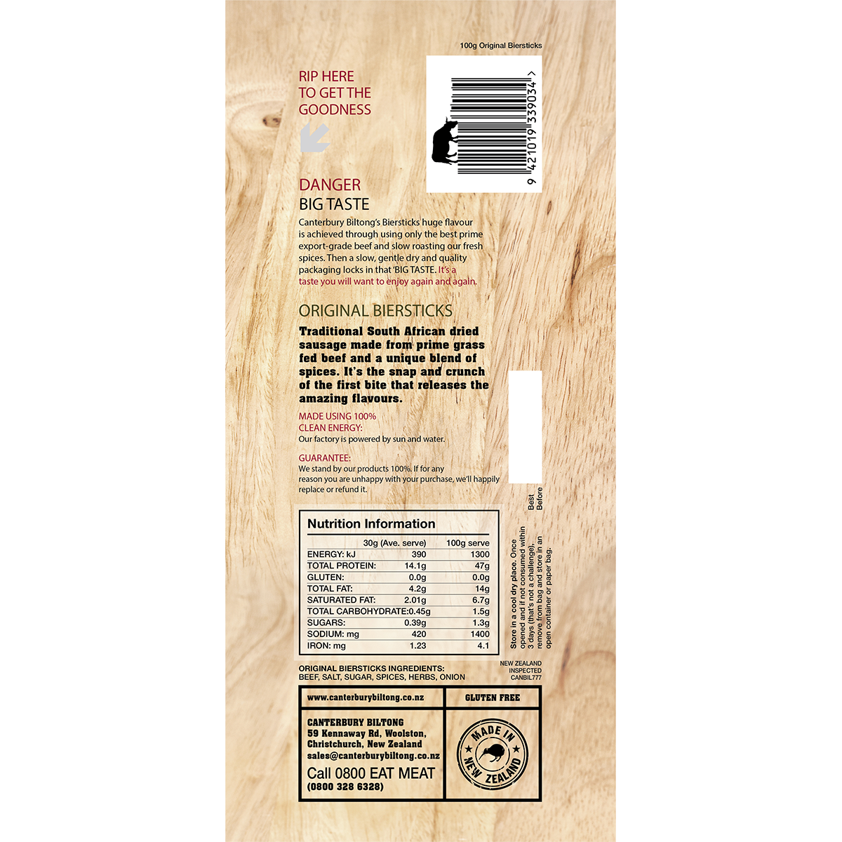 Canterbury Biltong Grass Fed Biersticks Meat Stick 4pk Original 10x100g