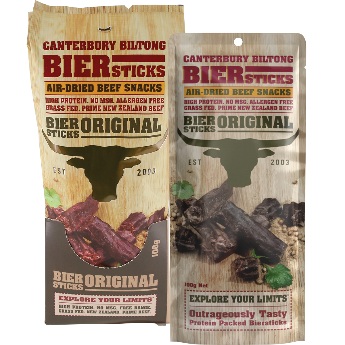 Canterbury Biltong Grass Fed Biersticks Meat Stick 4pk Original 10x100g