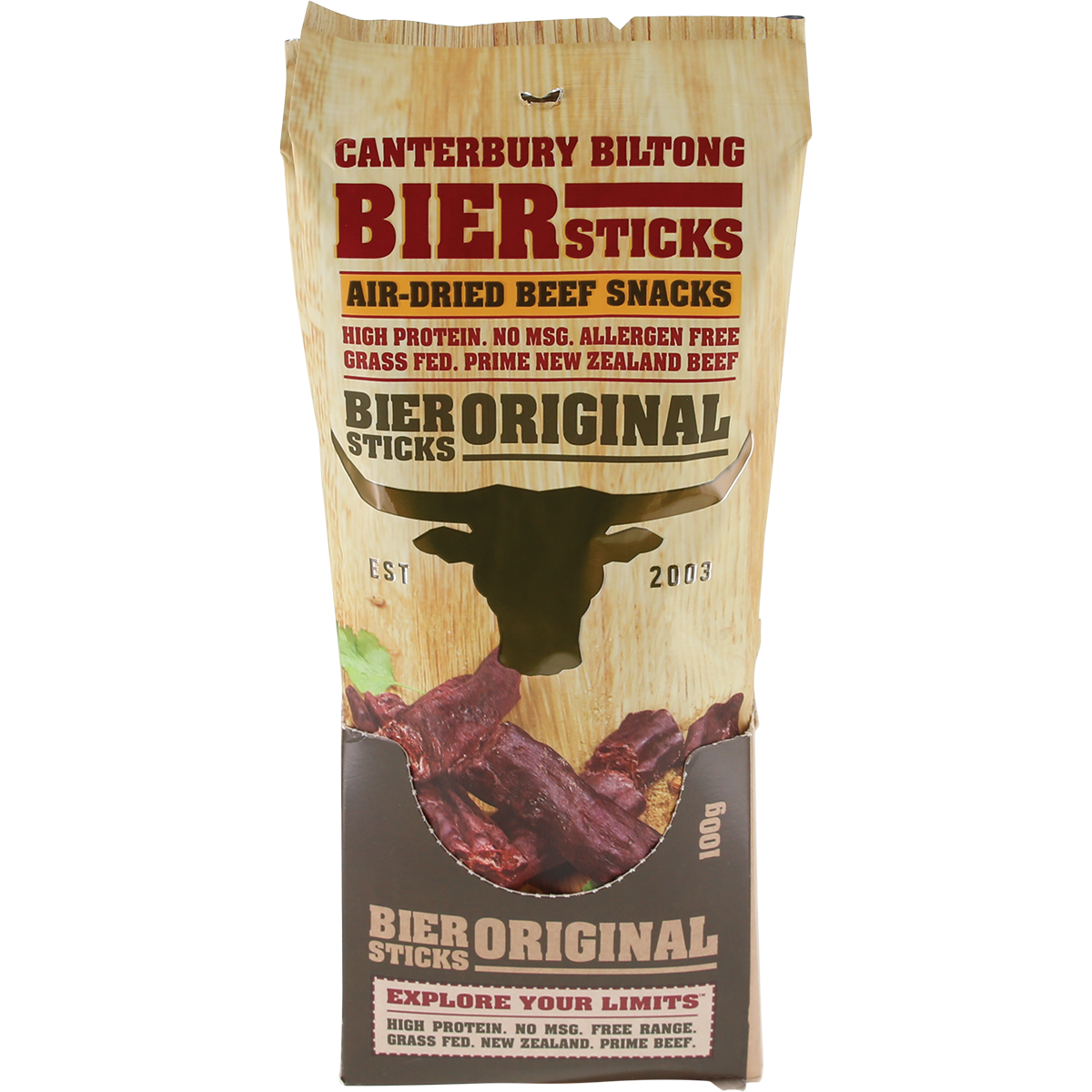 Canterbury Biltong Grass Fed Biersticks Meat Stick 4pk Original 10x100g