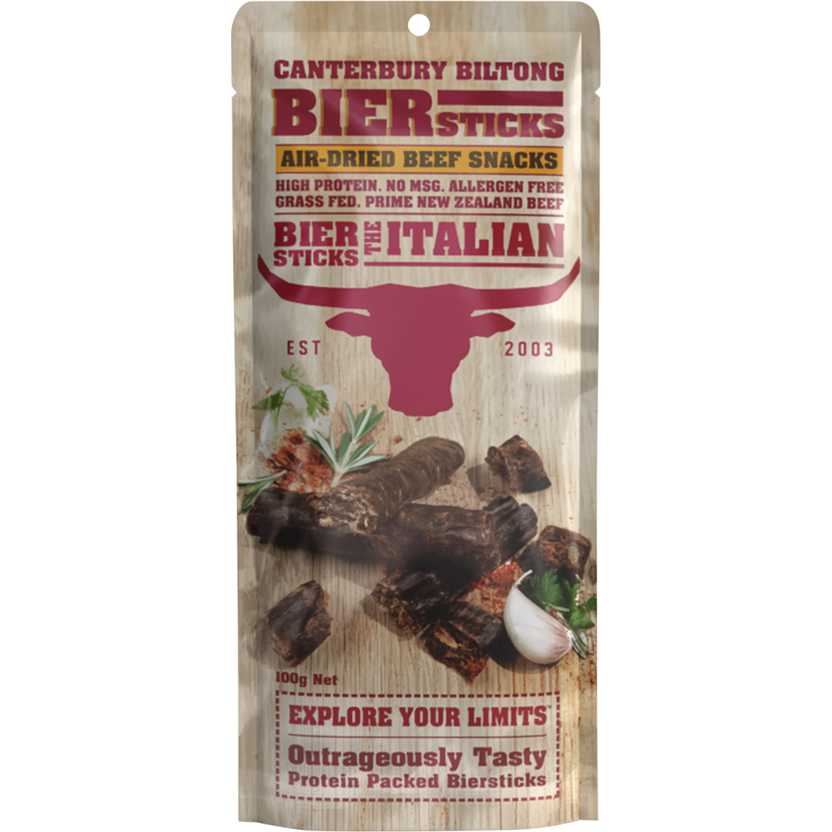 Canterbury Biltong Grass Fed Biersticks Meat Stick 4pk Italian 10x100g