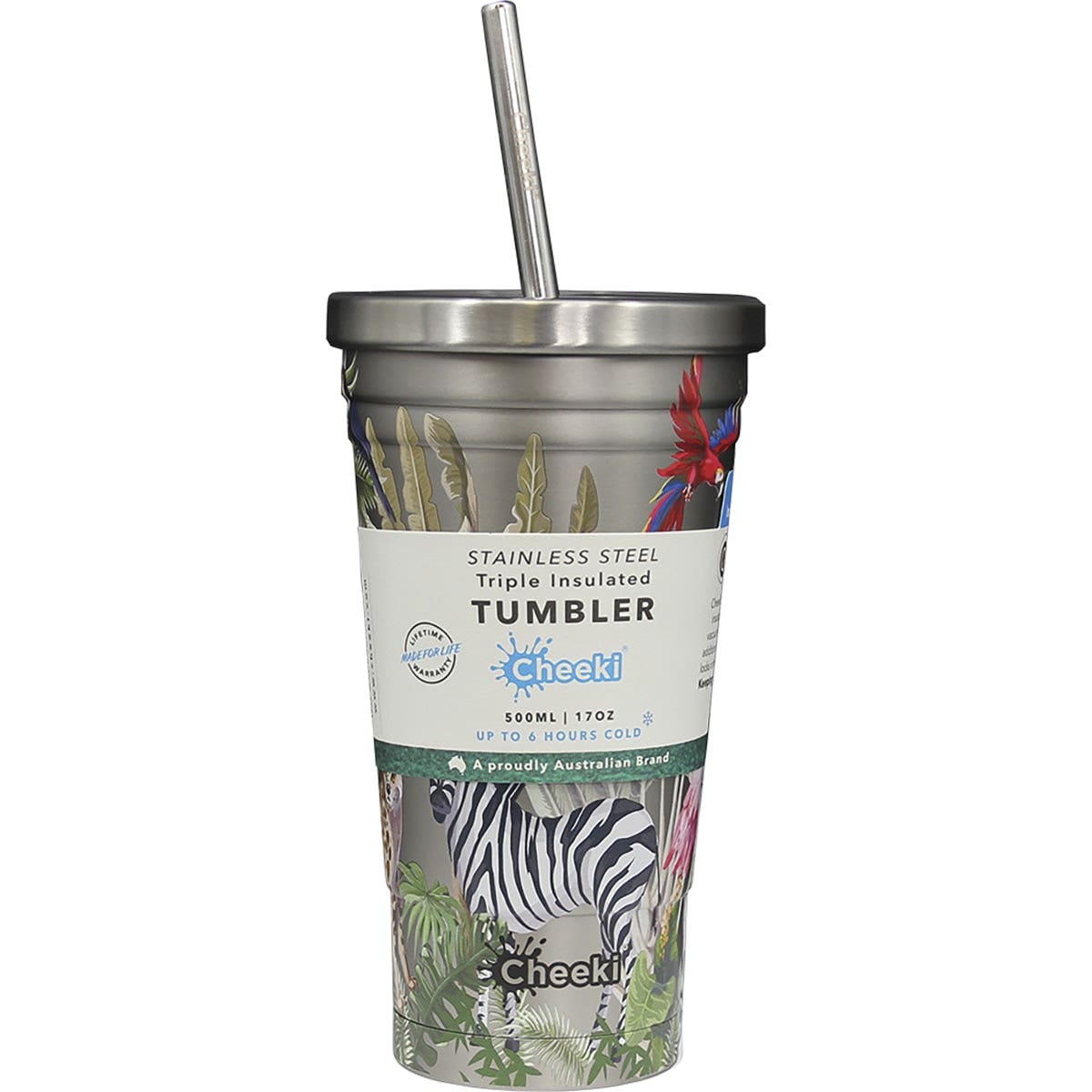 Cheeki Insulated Tumbler 3d Jungle - With S/steel Straw 500ml CHEEKI