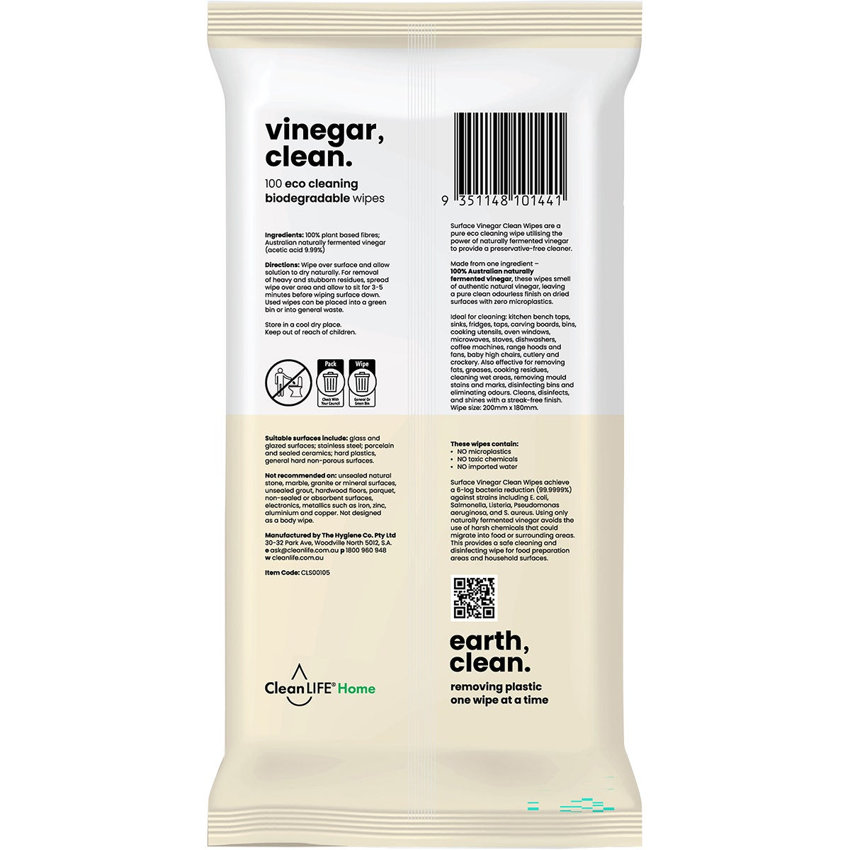 CleanLIFE Vinegar Clean Surface Plastic Free Wipes 100pk