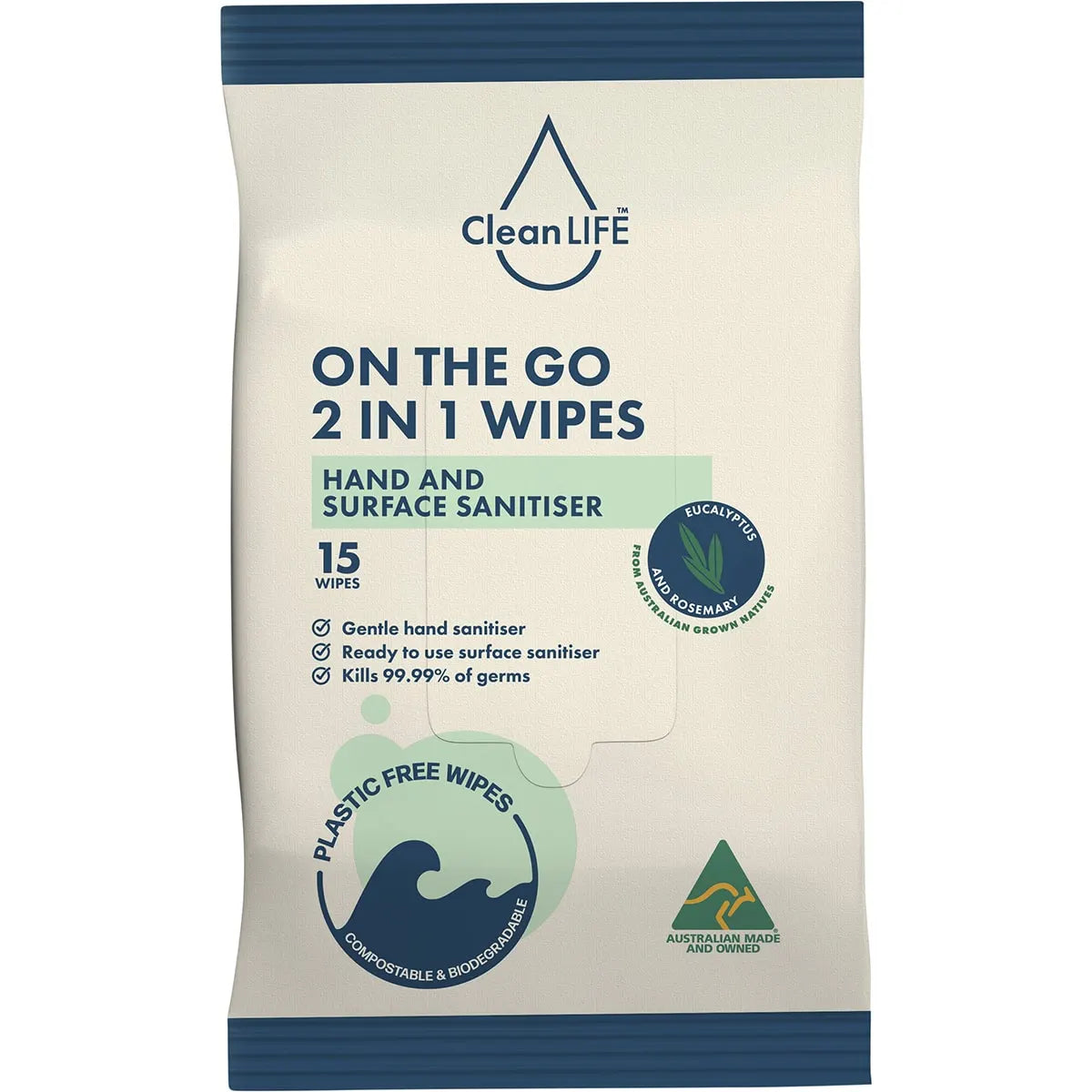 CLEANLIFE 2 In 1 Plastic Free Wipes Hand and Surface Sanitiser 15p Cleanlife