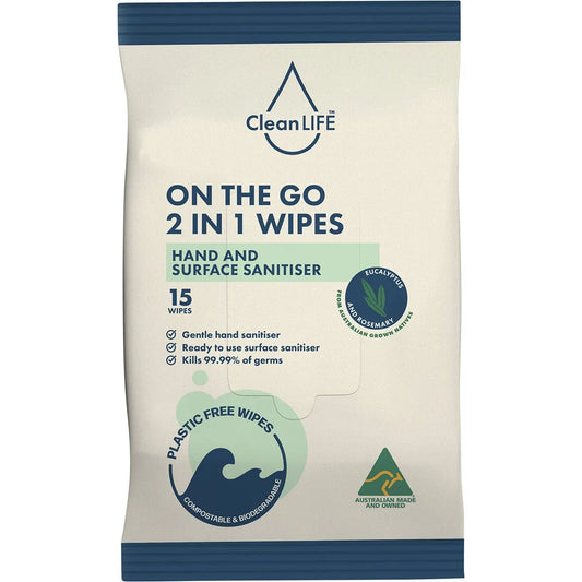 CLEANLIFE 2 In 1 Plastic Free Wipes Hand and Surface Sanitiser 15p Cleanlife